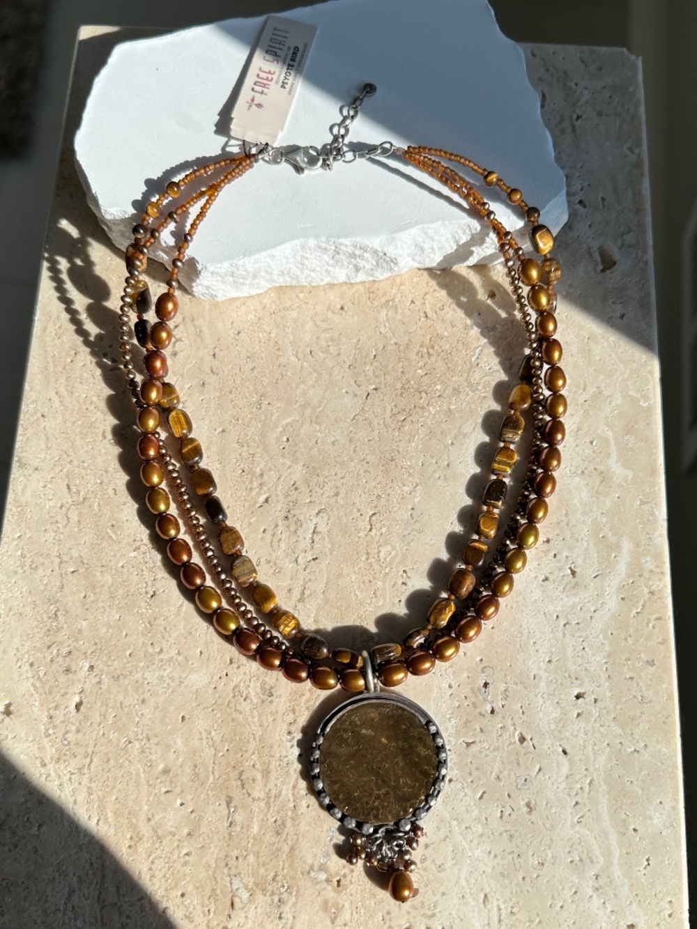 NWT Peyote Bird Free Spirit Multi-Strand Pearl Tiger's Eye Medallion Necklace